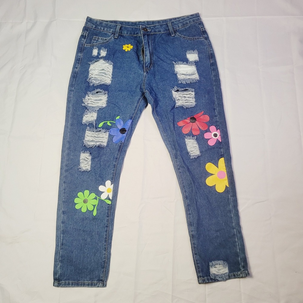 Unbranded Women's Distressed Flower Patch Jeans XL Blue Ripped Floral Denim K481